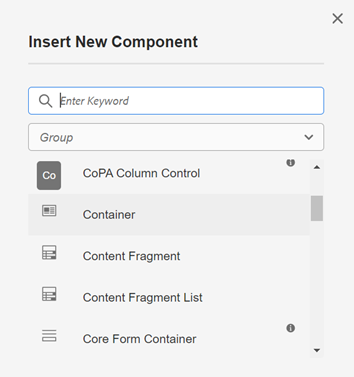 Insert New Component options to add to each Accordion dropdown.