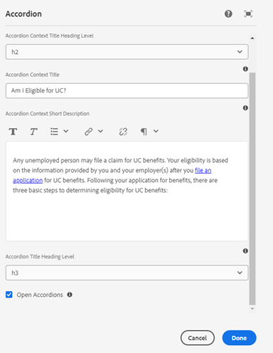 Accordion authoring dialog, showing the Properties tab
