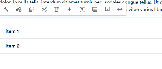 Accordion edit toolbar, displayed over the Accordion items that were authored