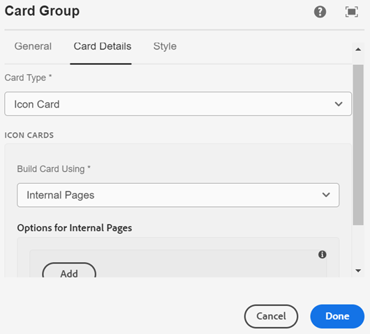 Card group authoring for card details, user can choose card type and has options for building cards