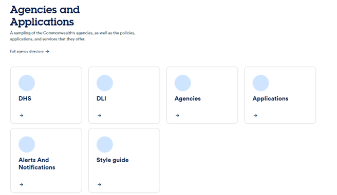 Figure D: Four-column icon Cards, internally authored. As the pages selected don’t have icons currently applied in Page Properties, they show as blank in the screenshot. Once icons are applied in Page Properties, they will display here.