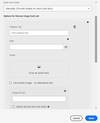 Manual input fields when author provides details for each card item - category tag, date, image