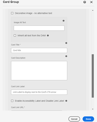 Manual input fields when author provides details for each card item - decorative image checkbox, alt text checkbox, card title, card description, card label 