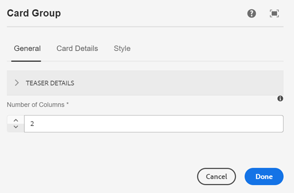 Card Group general tab with option to add number of columns 