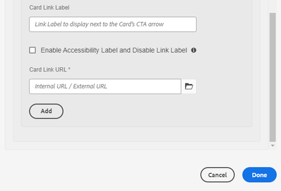 Manual input fields when author provides details for each card item - card link label and card link URL