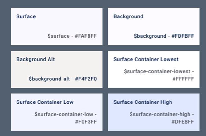 Display of background colors for container. Colors include Surface, Background, Background Alt, Surface Container Lowest, Surface Container Low, and Surface Container High.