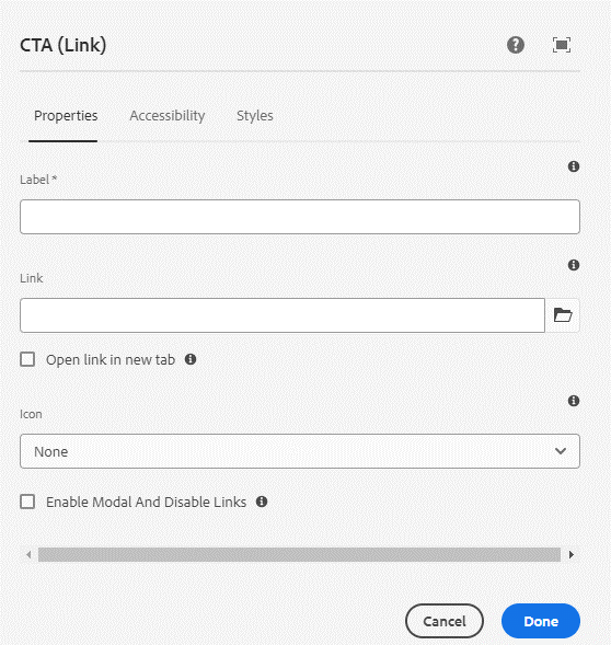 CTA authoring dialog's Properties tab. Fields described on page.