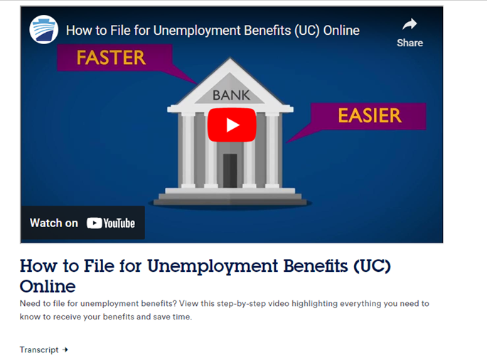 Media Player showing an YouTube video called "How to File for Unemployment Benefits (UC) Online" with transcript link and standard audio controls.