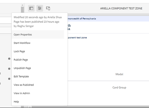 Dropdown from modal where user has option to select “View as Published.” The page will not publish upon selection; it shows an example of how it will look.