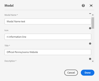 Modal authoring fields including modal name, icon, title, and description