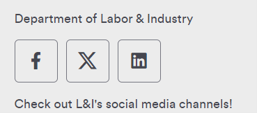 Example of Social Media for Department of Labor & Industry, with icons for Facebook, X, and Instagram, a title, and a caption.
