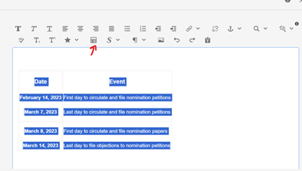 Text component authoring dialog, with table data highlighted and an arrow pointing to the table icon.