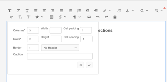 Table dialog that appears upon click of the edit toolbar.