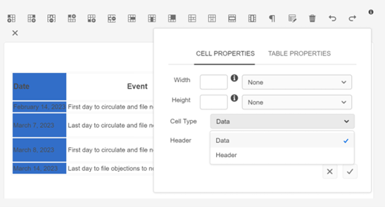 Cell Properties tab, with option to apply header row/column.