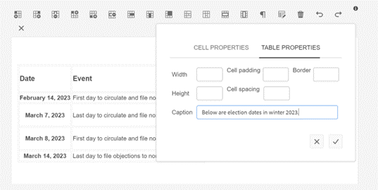 Table Properties tab, with option to add a table caption.