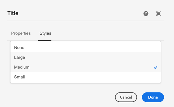Title authoring dialog showing the Styles dropdown options (None, Large, Medium, Small)