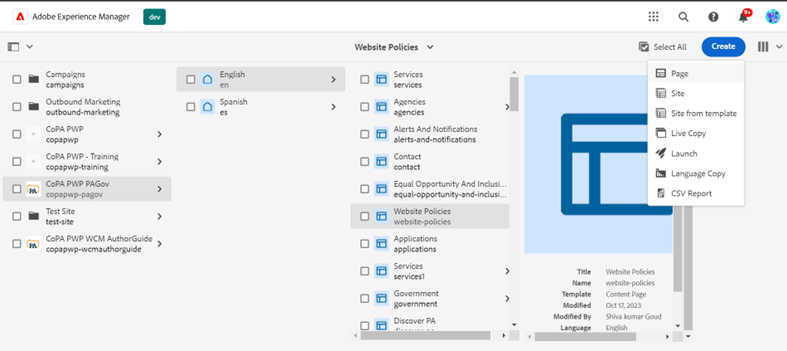 Site hierarchy featuring various pages with Website Policies page selected and "Create" dropdown open