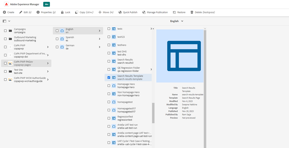 Site hierarchy featuring various pages, with page Search Results Template selected
