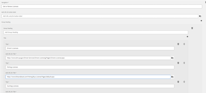 Figure C: Get or Renew Licenses dropdown will not have Group Headings, as the field was left blank.